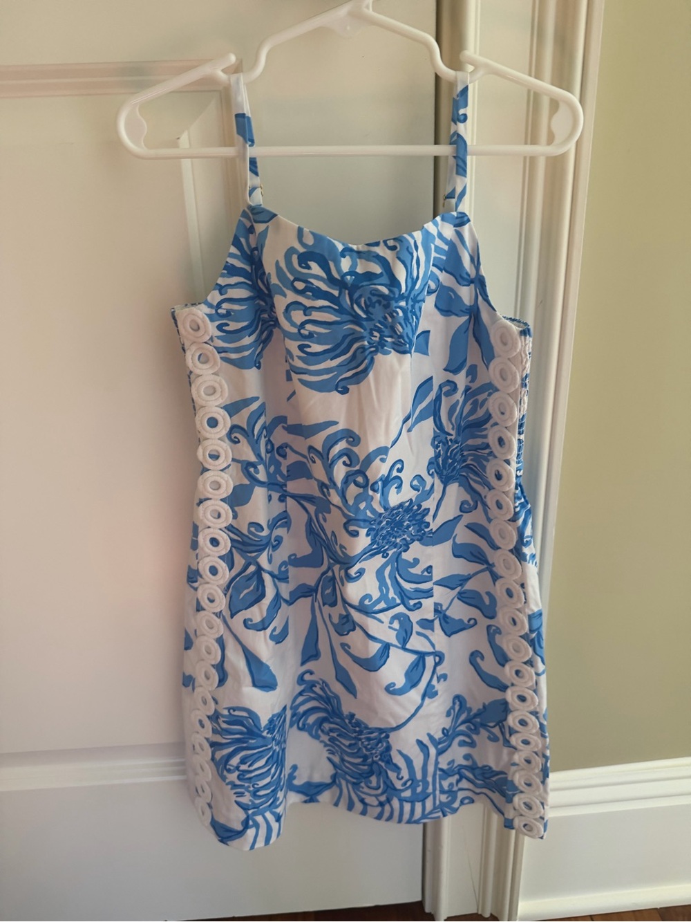 Lilly Pulitzer White Sundress with Blue Floral Scrolls and Eyelet Side Trim - Picture 1 of 3
